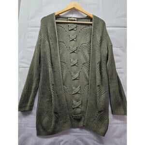 Pink Republic Olive Green Knit Cardigan Women Small Bow Back Open Front Sweater